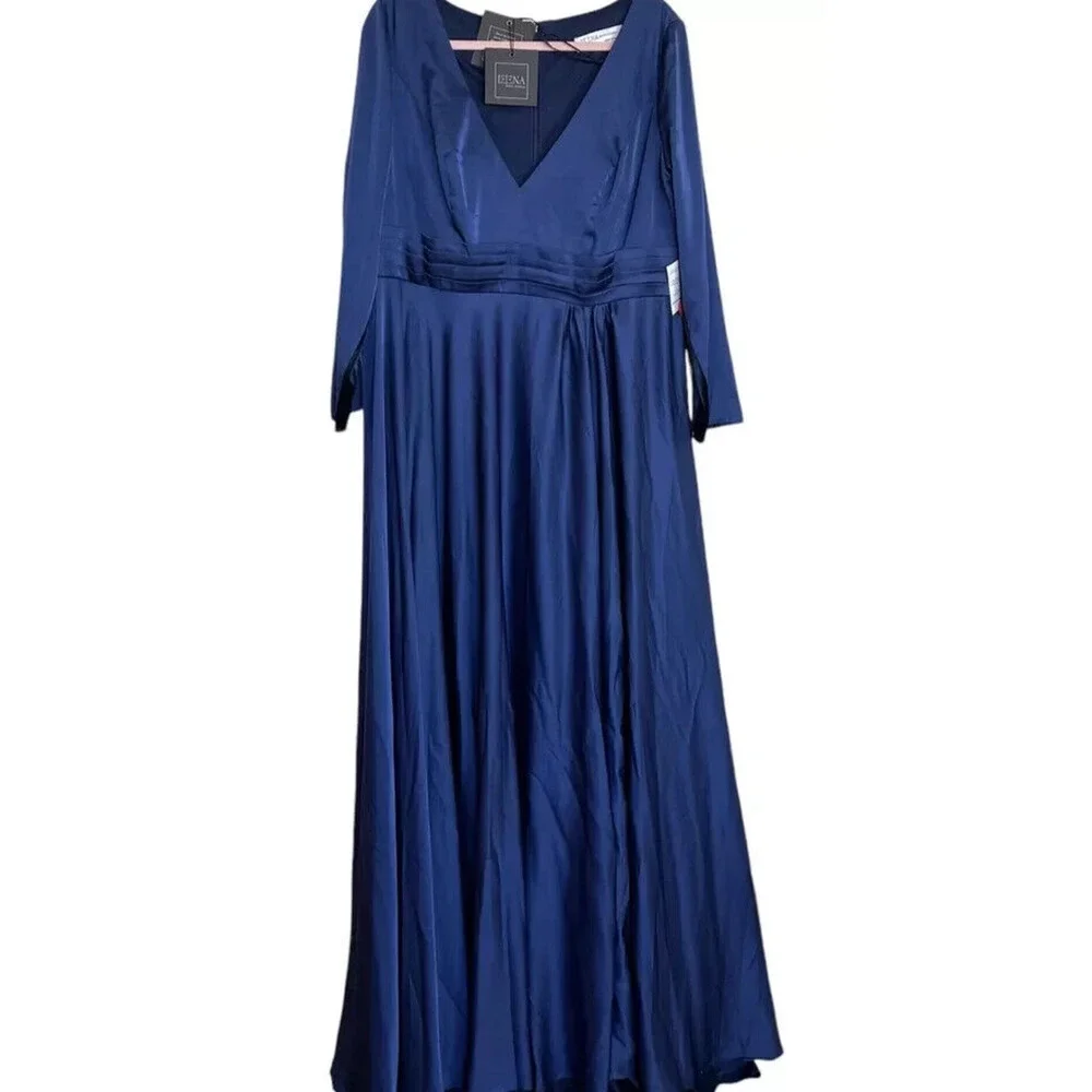 IEENA‎ Mac Duggal Gown Dress Size 18W Blue Satin V Neck Long Sleeve 55290 NWT